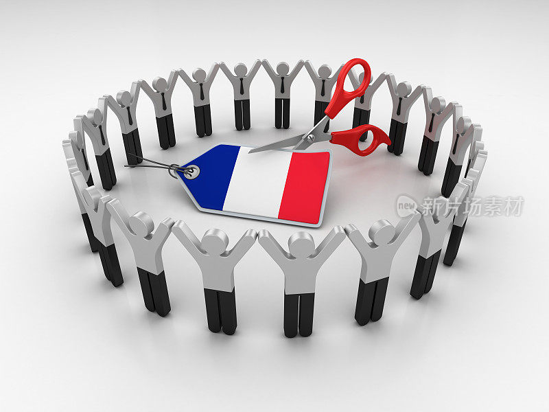 象形文字团队与法国国旗价格标签和剪刀- 3D渲染